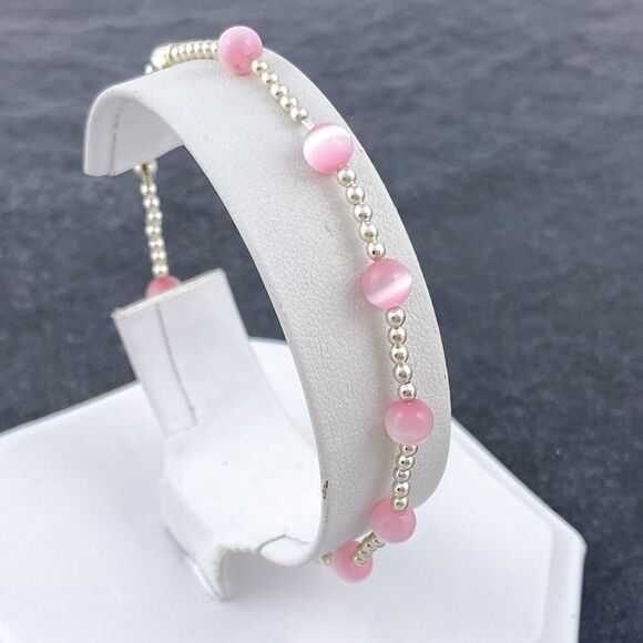 Vintage Jordan Sterling Silver 925 Pink Synthetic Cat's Eye Beaded Bracelet 7.5" - Picture 1 of 8